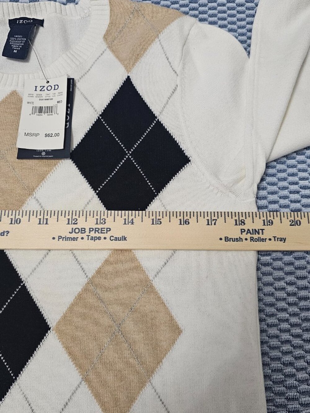 NEW IZOD 100% Cotton Argyle Crew Neck Women’s Sweater Navy/Tan - Size Medium - Picture 5 of 6